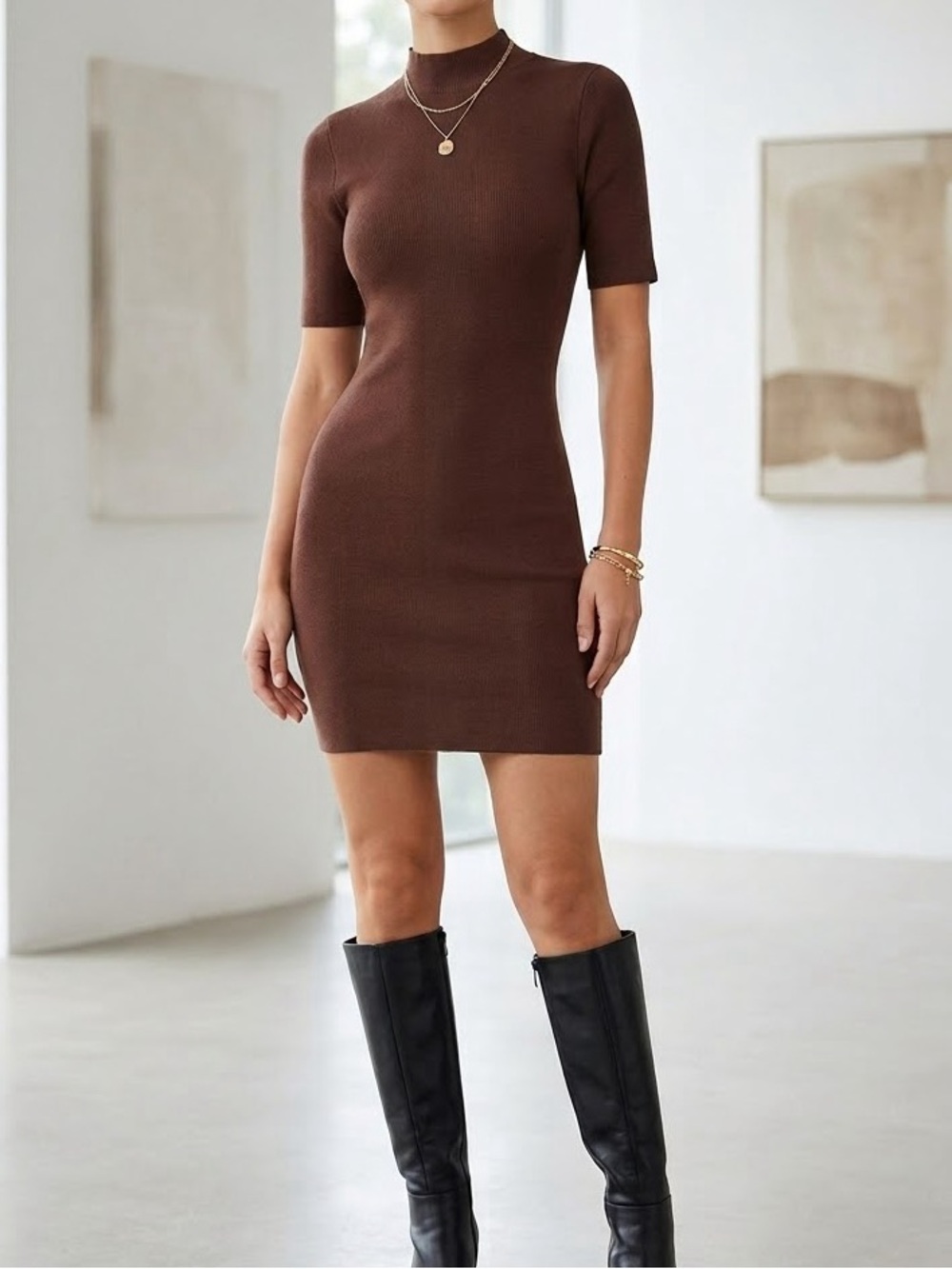 Abercrombie & Fitch Brown Ribbed Short Sleeve sweater knit Dress